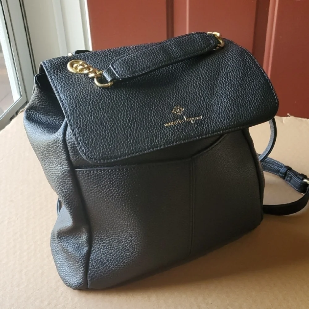 Nanette Lepore Black Leather Texture Convertabile Bag Or Backpack with Gold Logo